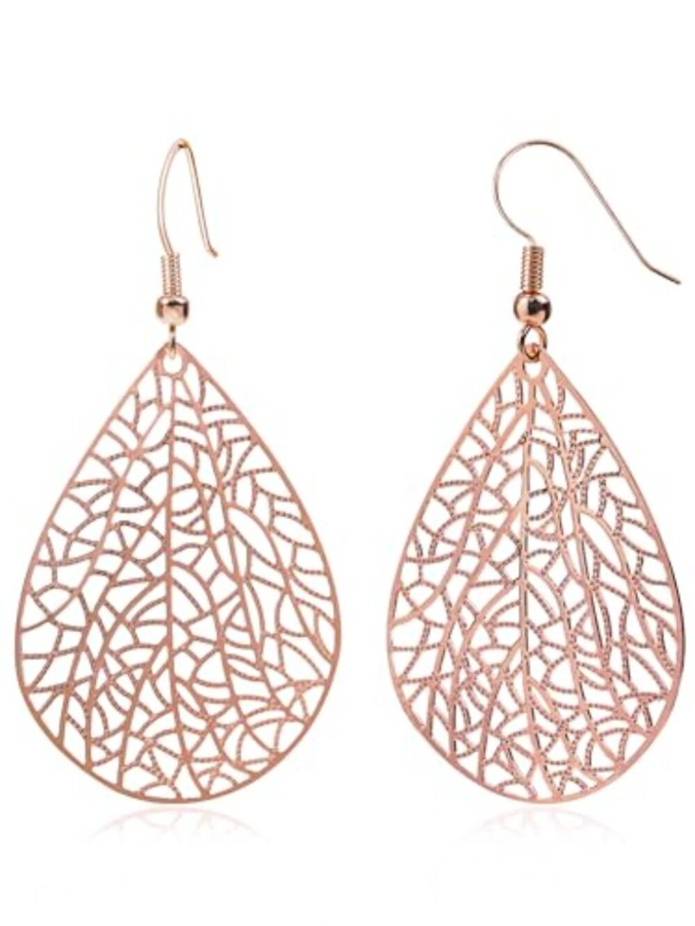 New - 14K Gold Plated Silver Rose Gold Teardrop Filigree Dangle Earrings